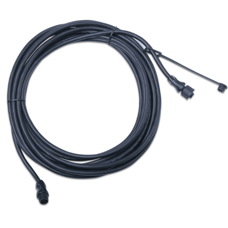 Coiled black electrical extension cord with connectors.