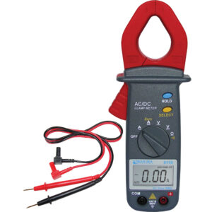 Digital clamp meter with probes for electrical measurement.