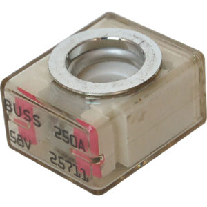 Rectangular glass automotive fuse, BUSS 250A 58V label
