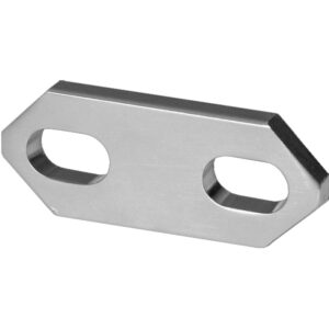 Steel connector plate with oval holes.