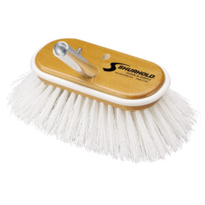 Marine deck brush with wooden handle
