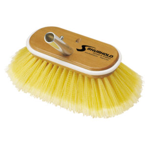 Yellow boat brush with wood handle attachment