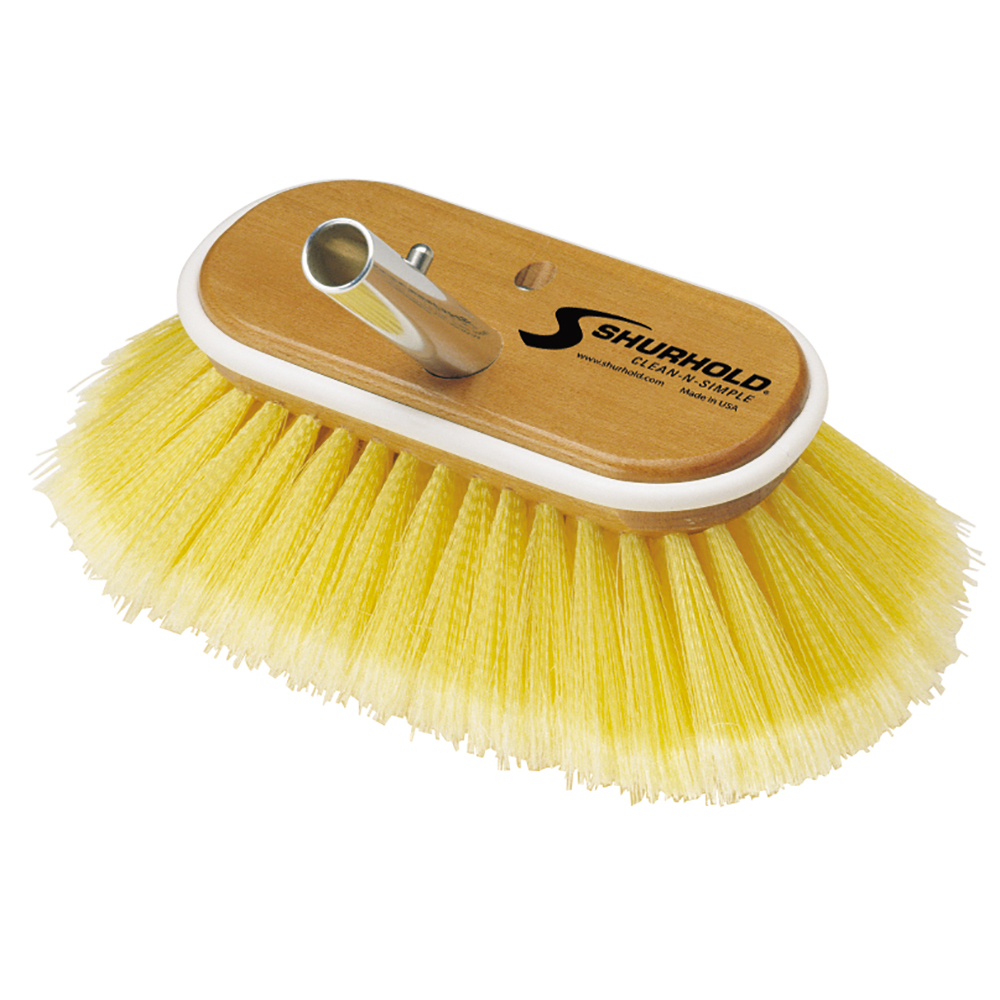 Yellow boat brush with wood handle attachment