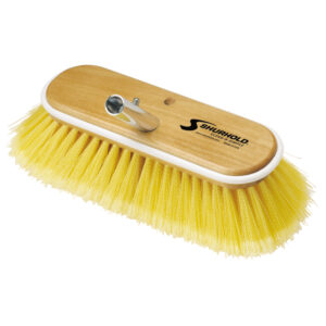Wooden deck brush with yellow bristles for cleaning.