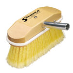 Yellow bristle brush with wooden handle attachment.