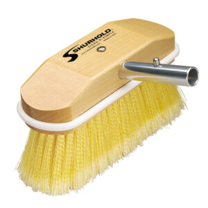 Yellow bristle brush with wooden handle attachment.