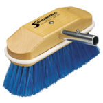 Shurhold brush with wooden handle and blue bristles.
