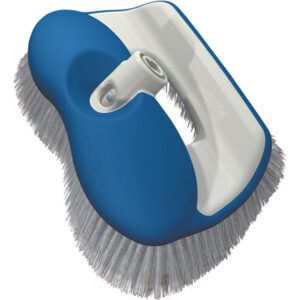 Blue and white pool brush with bristles.