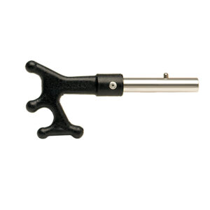 Steering wheel spinner, black metal handle, silver shaft.