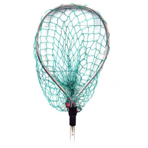 Fishing net with metal frame and green mesh.
