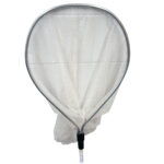 Fishing net with aluminum frame and mesh bag.