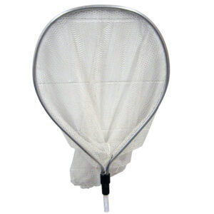 Fishing net with aluminum frame and mesh bag.