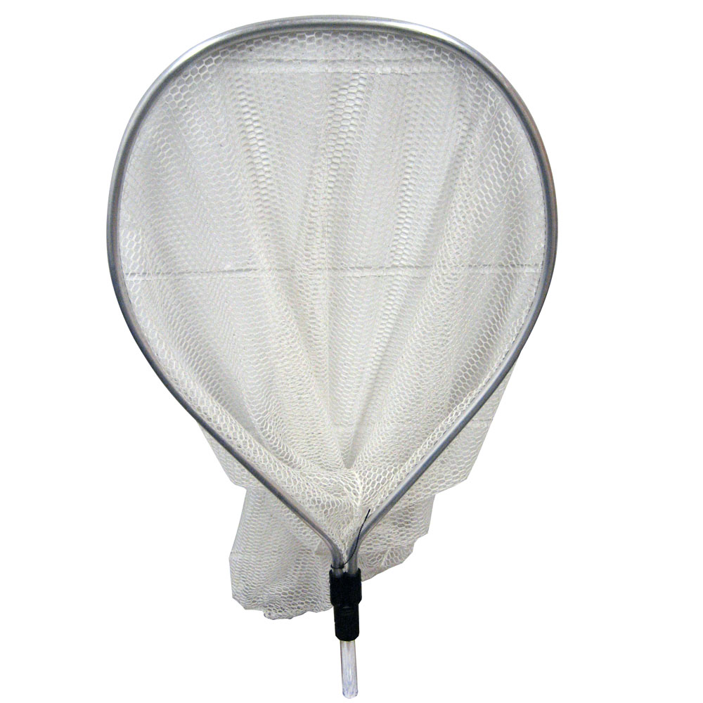 Fishing net with aluminum frame and mesh bag.