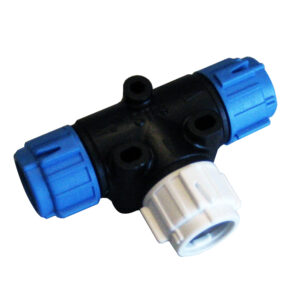 Plastic T connector with blue ends