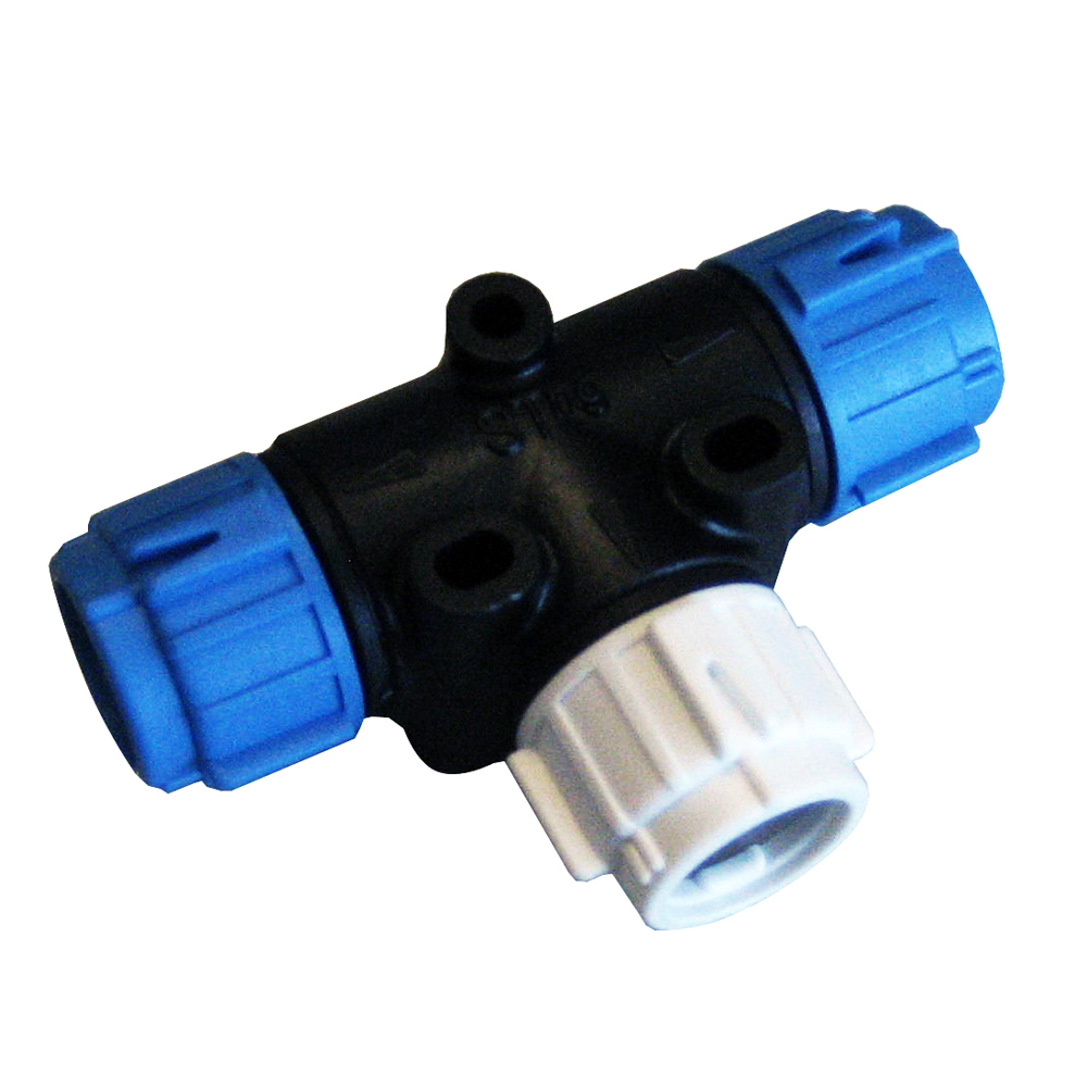Plastic T connector with blue ends