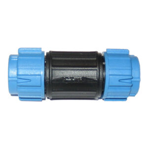 Plastic pipe connector with blue ends.