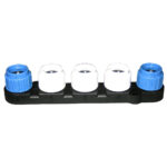Black manifold with blue and white fittings