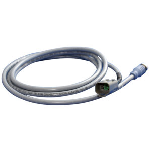 Coiled gray electronic cable with connectors.