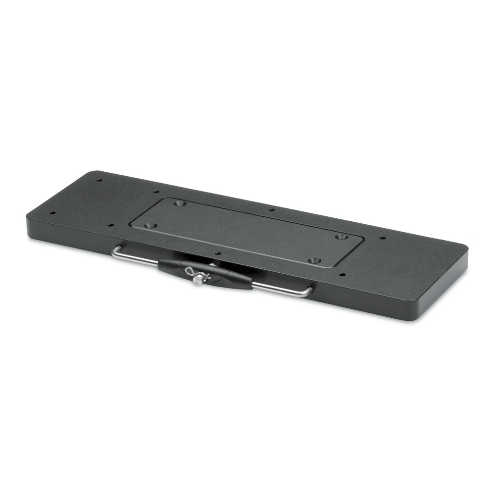 Black mounting base with metal handle and fastener