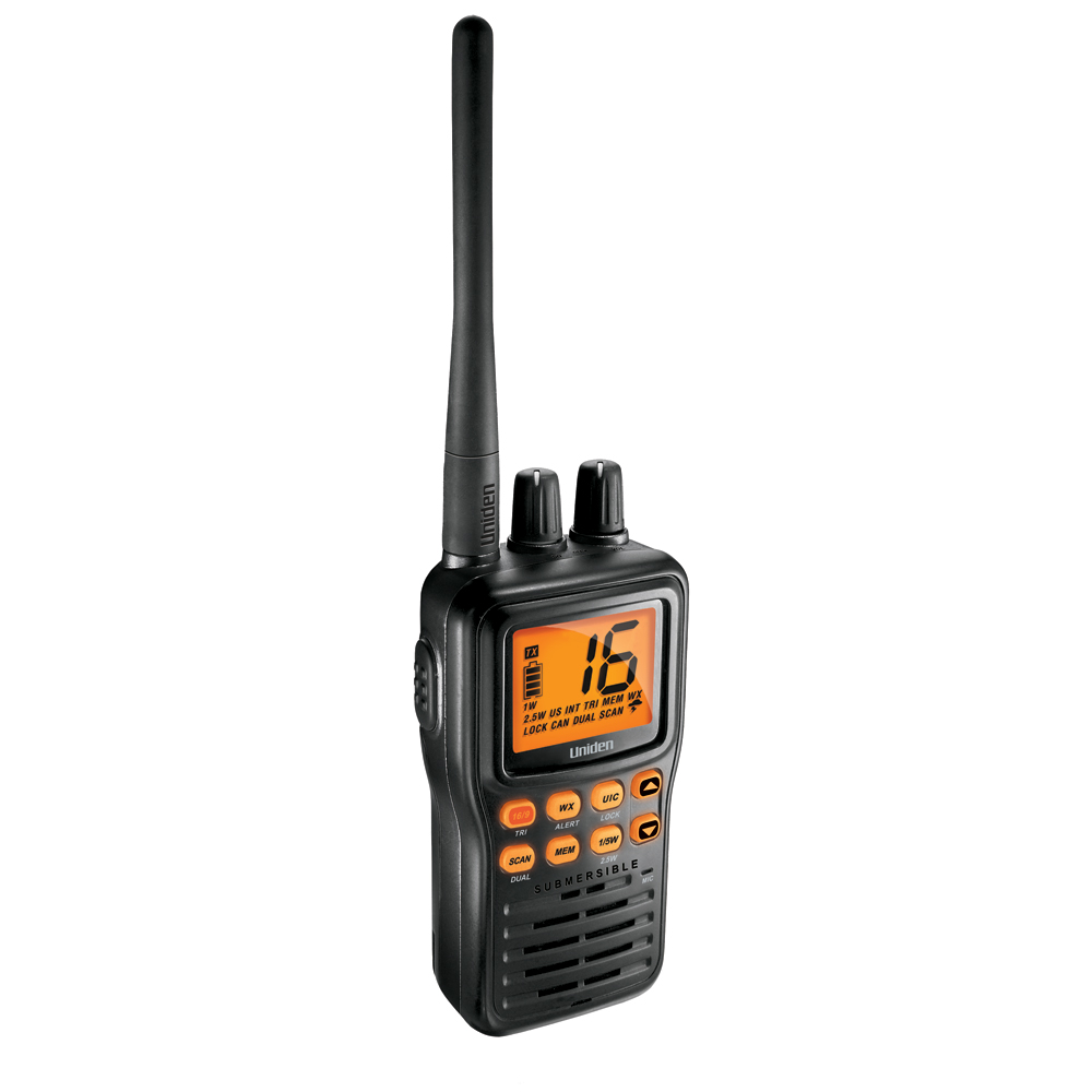 Handheld radio with orange display and antenna