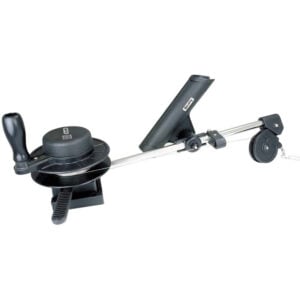 Fishing downrigger with rod holder and manual crank.