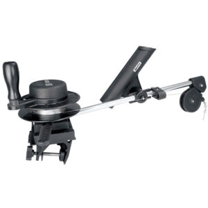 Fishing downrigger with line spool and rod holder