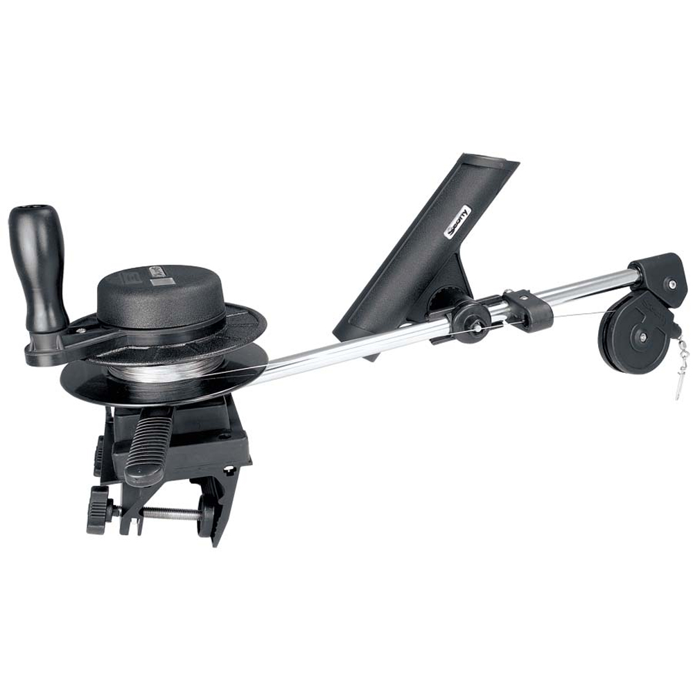 Fishing downrigger with line spool and rod holder