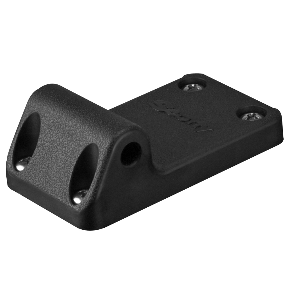 Black angled hardware mounting bracket with screws.