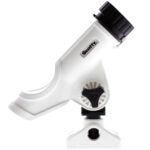 Adjustable white plastic rod holder for fishing.