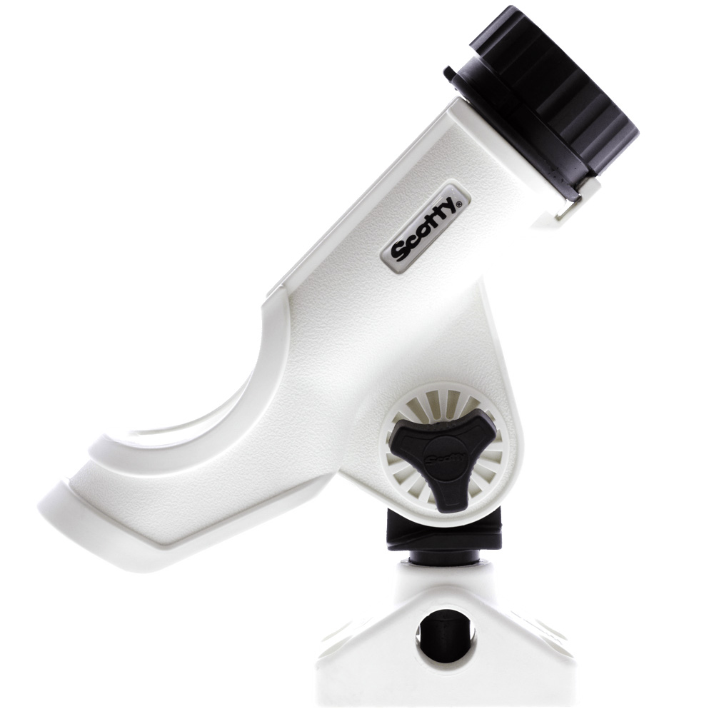 Adjustable white plastic rod holder for fishing.