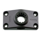 Black boat accessory mount with holes and label.