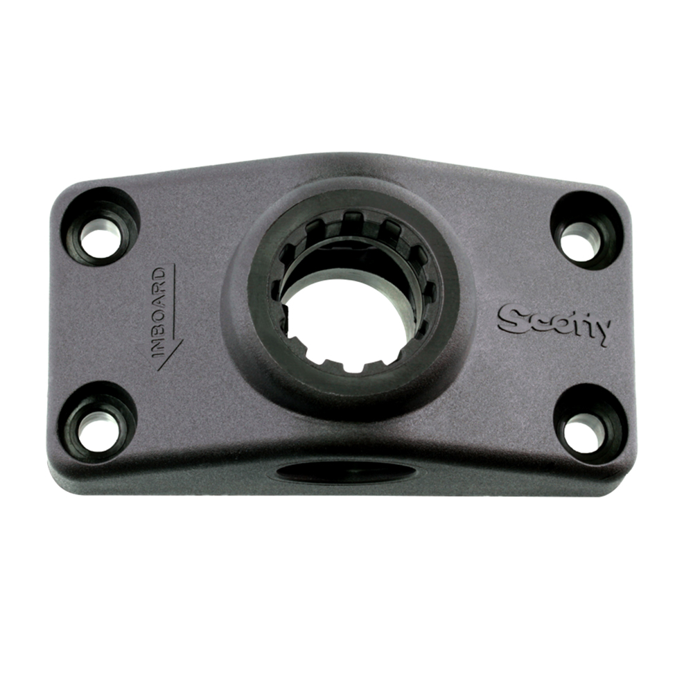 Black boat accessory mount with holes and label.