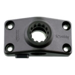 Black rectangular base with central hole and screws.