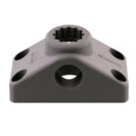 Gray triangular mounting base with bolt holes.