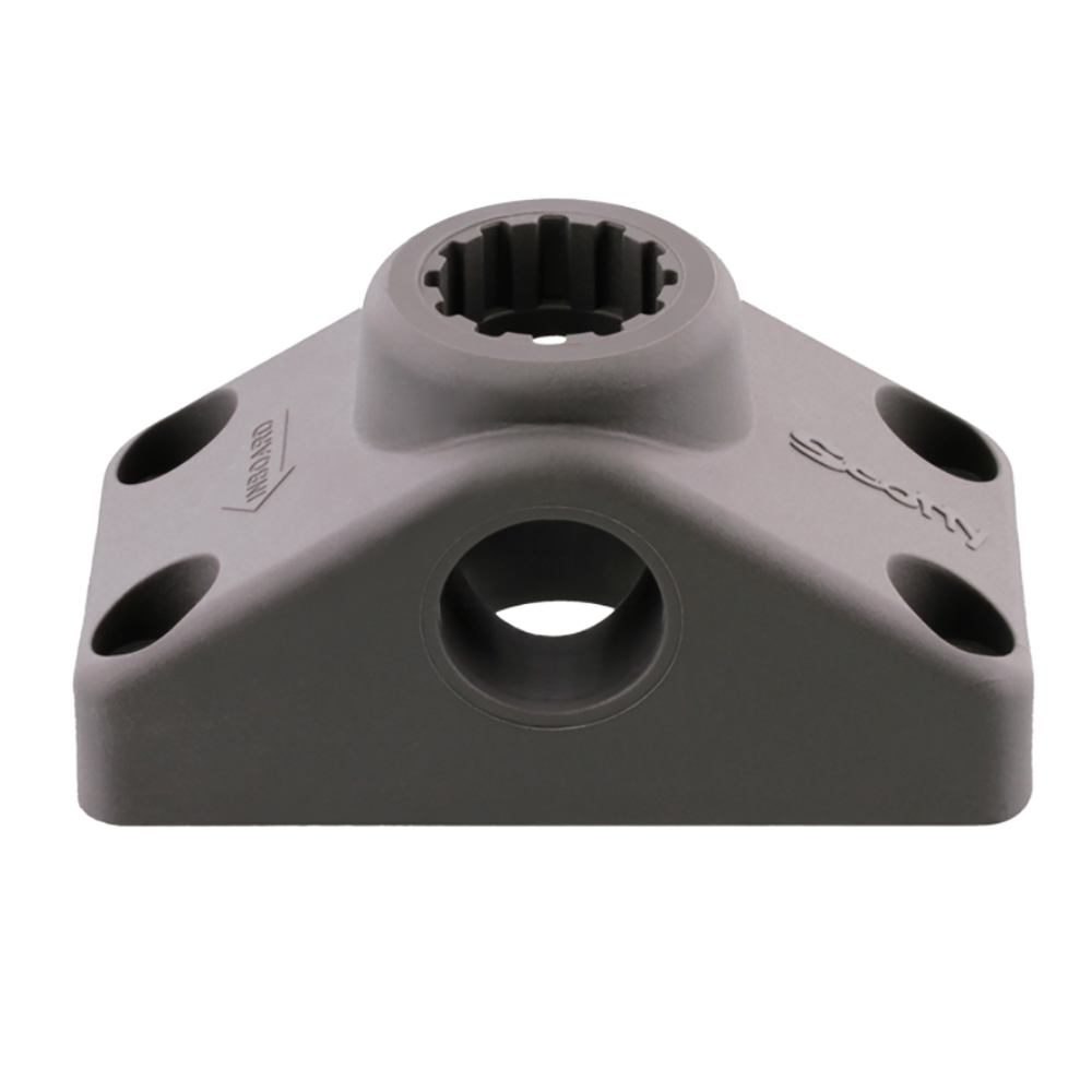 Gray triangular mounting base with bolt holes.