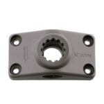 Fishing rod holder base, gray, with mount holes.