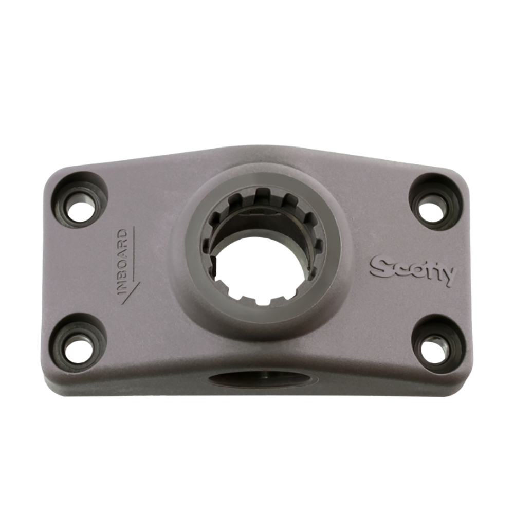 Fishing rod holder base, gray, with mount holes.