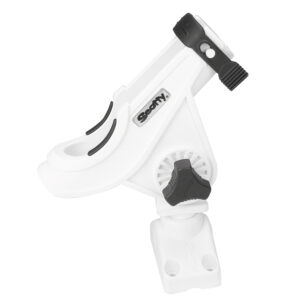 White adjustable rod holder for fishing boats.