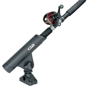Fishing rod holder with attached reel.