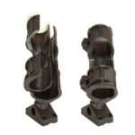 Black plastic rod holders on a white background.