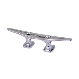Chrome boat cleat with two mounting holes.