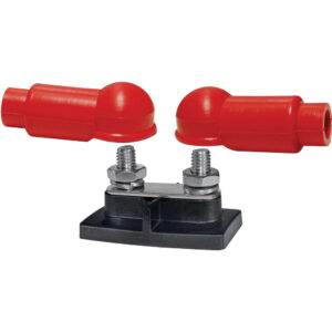 Red battery terminal covers and connectors.