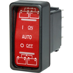 Red marine battery switch with ON, AUTO, OFF settings.