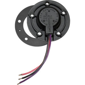 Electrical component with wiring, black round mount.