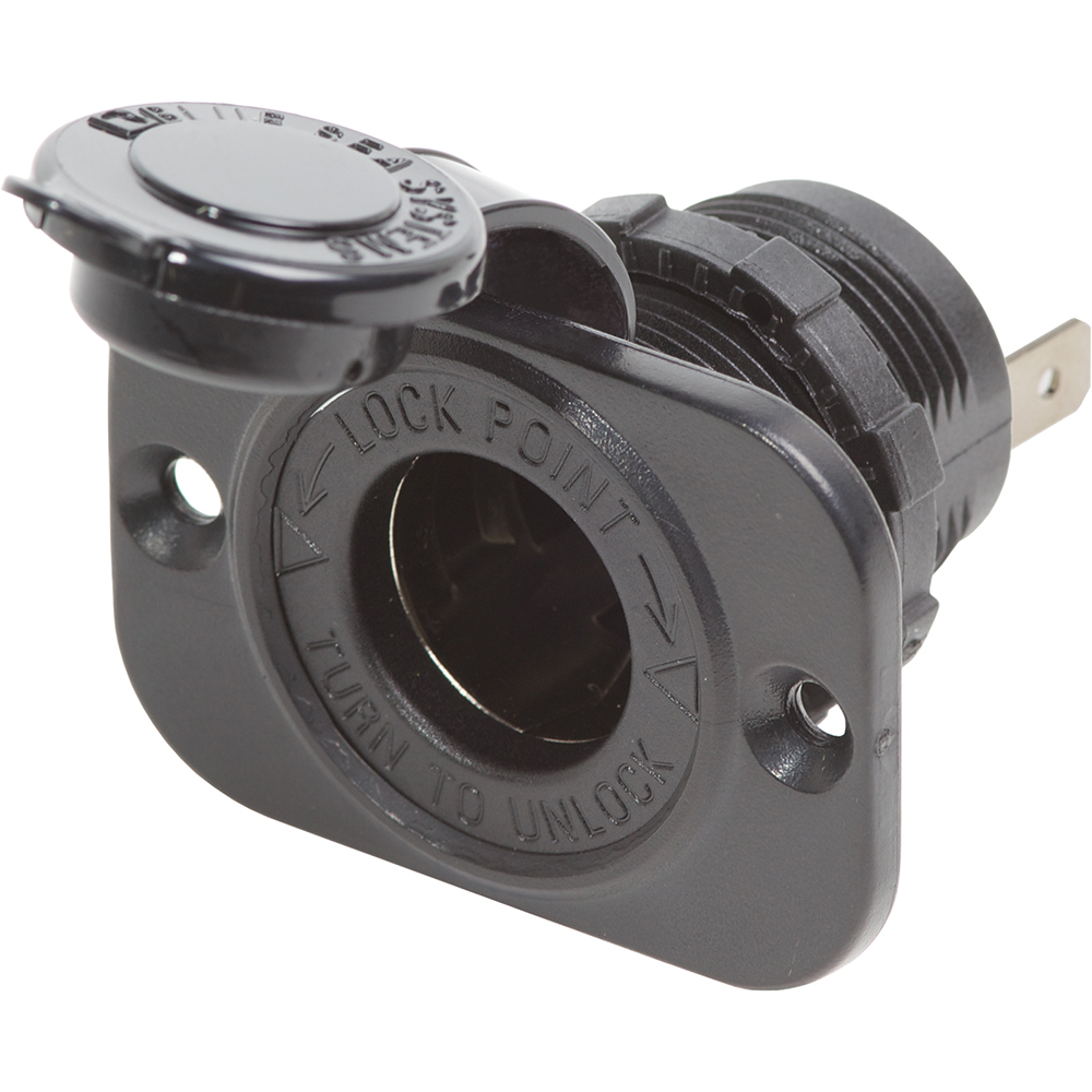 Black lockable power outlet socket.