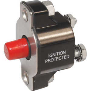 Ignition protected circuit breaker with red button