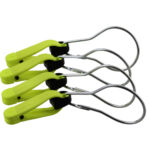 Four yellow metal carabiners with clips