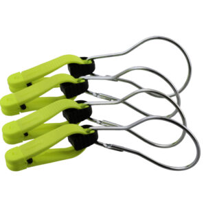 Four yellow metal carabiners with clips