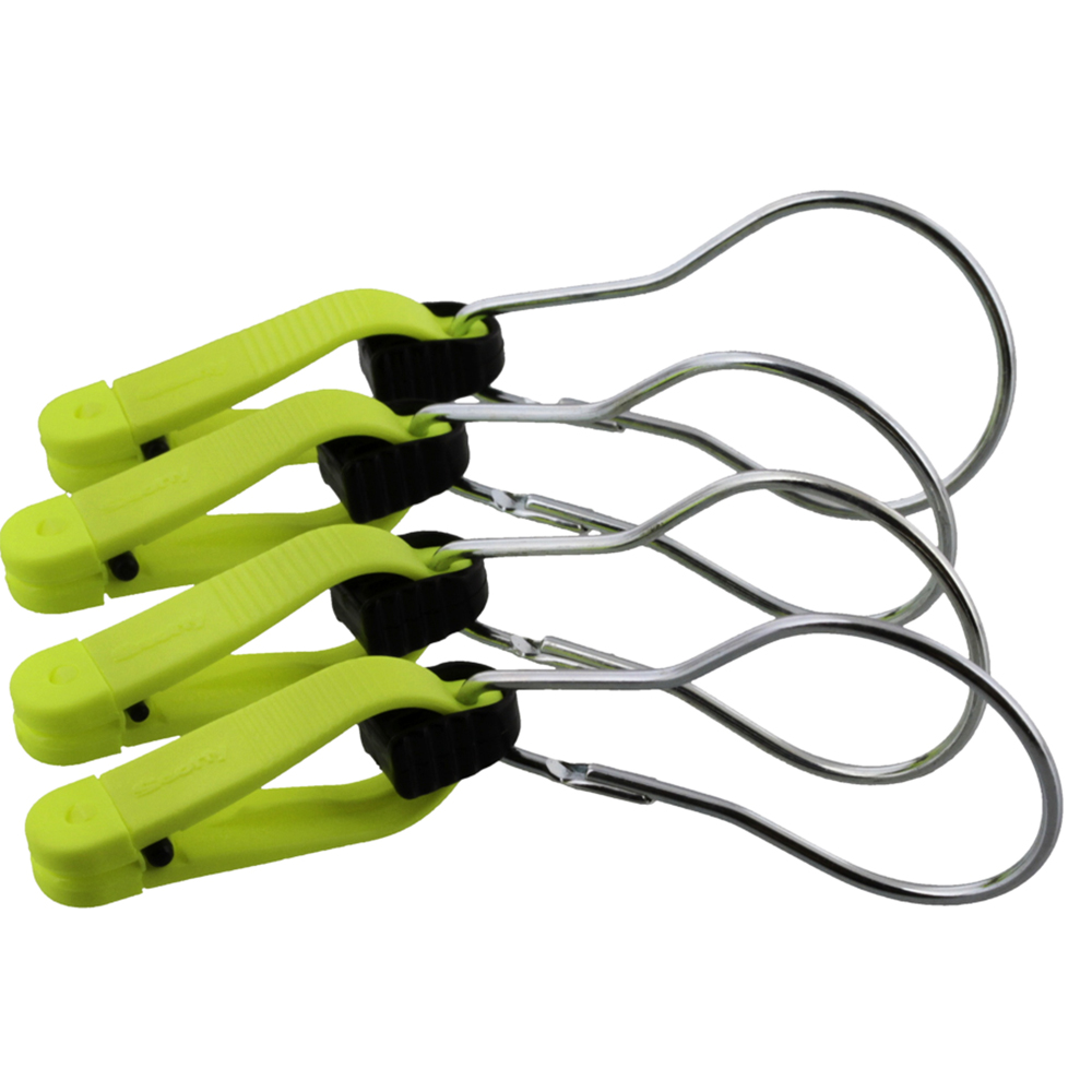 Four yellow metal carabiners with clips