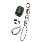 Fishing tackle components on white background.